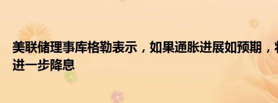 美联储理事库格勒表示，如果通胀进展如预期，将支持未来进一步降息