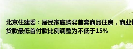 北京住建委：居民家庭购买首套商品住房，商业性个人住房贷款最低首付款比例调整为不低于15%