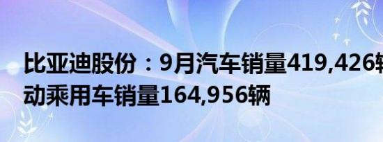 比亚迪股份：9月汽车销量419,426辆，纯电动乘用车销量164,956辆