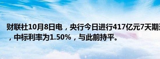 财联社10月8日电，央行今日进行417亿元7天期逆回购操作，中标利率为1.50%，与此前持平。