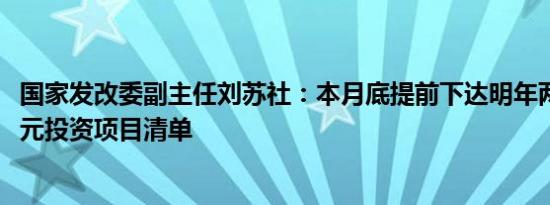 国家发改委副主任刘苏社：本月底提前下达明年两个1000亿元投资项目清单