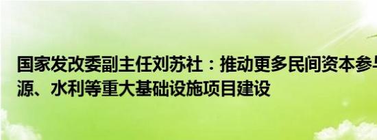 国家发改委副主任刘苏社：推动更多民间资本参与铁路、能源、水利等重大基础设施项目建设