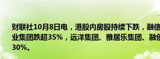 财联社10月8日电，港股内房股持续下跌，融信中国、佳兆业集团跌超35%，远洋集团、雅居乐集团、融创中国等跌超30%。