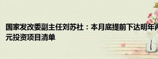 国家发改委副主任刘苏社：本月底提前下达明年两个1000亿元投资项目清单