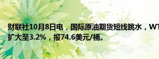 财联社10月8日电，国际原油期货短线跳水，WTI原油跌幅扩大至3.2%，报74.6美元/桶。