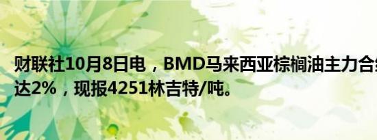 财联社10月8日电，BMD马来西亚棕榈油主力合约日内跌幅达2%，现报4251林吉特/吨。