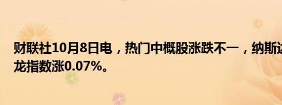 财联社10月8日电，热门中概股涨跌不一，纳斯达克中国金龙指数涨0.07%。