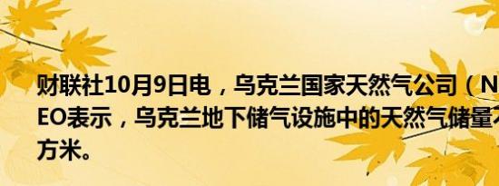 财联社10月9日电，乌克兰国家天然气公司（Naftogaz）CEO表示，乌克兰地下储气设施中的天然气储量不足130亿立方米。