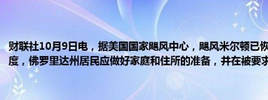 财联社10月9日电，据美国国家飓风中心，飓风米尔顿已恢复至五级强度，佛罗里达州居民应做好家庭和住所的准备，并在被要求时进行撤离。