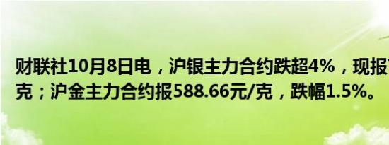 财联社10月8日电，沪银主力合约跌超4%，现报7471元/千克；沪金主力合约报588.66元/克，跌幅1.5%。