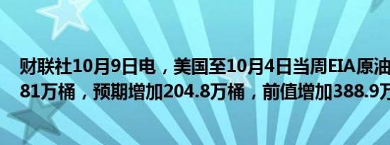 财联社10月9日电，美国至10月4日当周EIA原油库存增加581万桶，预期增加204.8万桶，前值增加388.9万桶。