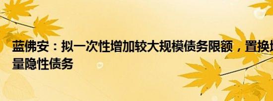 蓝佛安：拟一次性增加较大规模债务限额，置换地方政府存量隐性债务