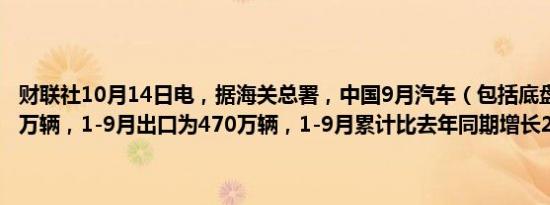 财联社10月14日电，据海关总署，中国9月汽车（包括底盘）出口60.9万辆，1-9月出口为470万辆，1-9月累计比去年同期增长26.7%。