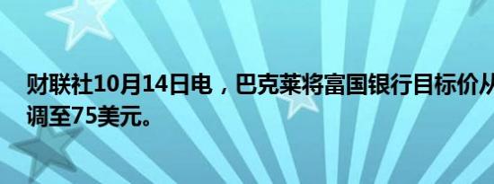 财联社10月14日电，巴克莱将富国银行目标价从66美元上调至75美元。