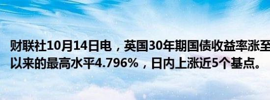 财联社10月14日电，英国30年期国债收益率涨至自5月31日以来的最高水平4.796%，日内上涨近5个基点。