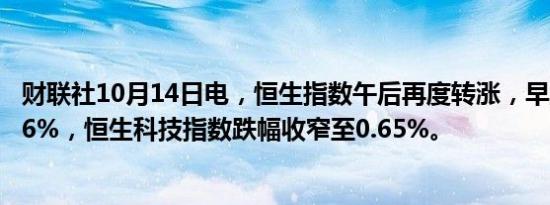 财联社10月14日电，恒生指数午后再度转涨，早盘一度跌2.6%，恒生科技指数跌幅收窄至0.65%。