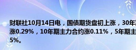 财联社10月14日电，国债期货盘初上涨，30年期主力合约涨0.29%，10年期主力合约涨0.11%，5年期主力合约涨0.05%。