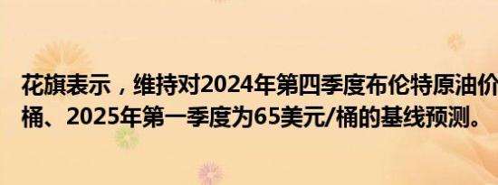 花旗表示，维持对2024年第四季度布伦特原油价格74美元/桶、2025年第一季度为65美元/桶的基线预测。